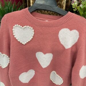 Valentines Pink Heart Sweater with Pearl Details 💕